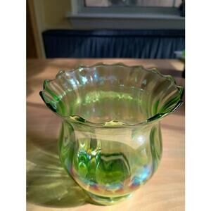 Vintage Green Glass Ribbed Iridescent Vase with Ruffled Edge 6" Tall